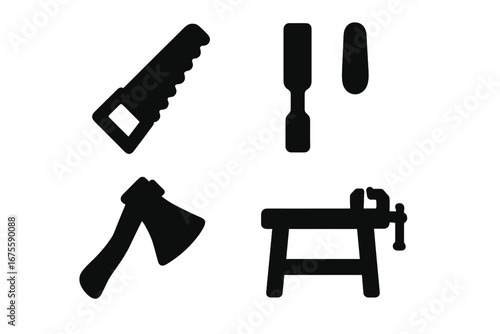 Craftsmanship tools icon set. Solid glyph vector collection of a hand saw, wood chisel, axe, and workbench with vise. For woodworking, carpentry, and DIY projects.
