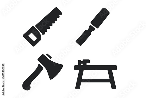 Woodworking tool icon set. Carpentry equipment silhouettes. Hand saw, wood chisel, axe, and workbench. Craftsmanship, construction, DIY, and workshop vector symbols.