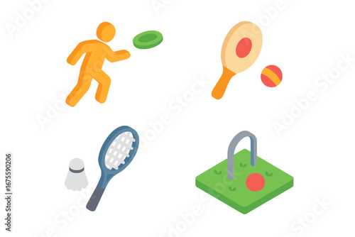 Summer games icon set. Isometric vector illustration of outdoor activities and fun sports. Frisbee, beach paddle ball, badminton racket, croquet. Recreation and leisure concept.