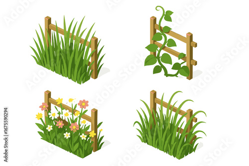 Isometric overgrown vegetation icon set. Vector illustration of a wooden fence with tall grass, climbing ivy vine, and wildflowers. Isolated garden or nature design elements.