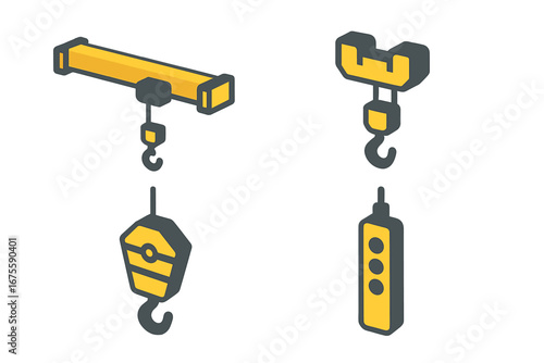 Overhead crane icons isometric set. Bridge girder, hoist trolley, hook block, control pendant vector icons. Factory lifting equipment for construction and manufacturing industry.