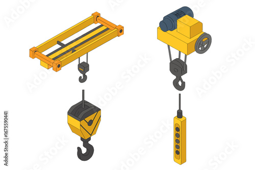 Overhead crane icon set. Isometric vector illustration of factory lifting equipment. Industrial bridge crane system with hoist trolley, hook block, and control pendant.