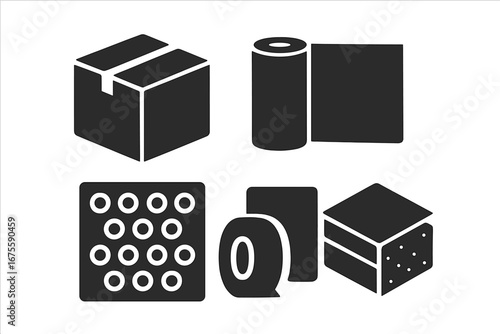 Packaging materials solid icon set. Shipping and delivery supplies symbols. Cardboard box, bubble wrap, packing tape, foam, and plastic film vector illustrations.