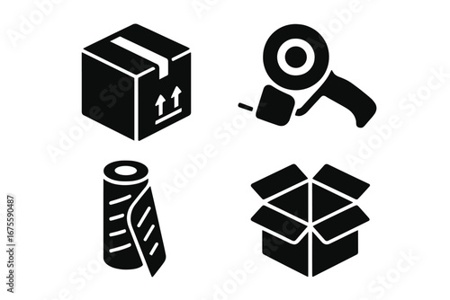 Packaging icon set. Solid filled glyphs for shipping, logistics, and delivery. Vector graphics of cardboard box, tape dispenser, stretch wrap, and fragile parcel symbols.