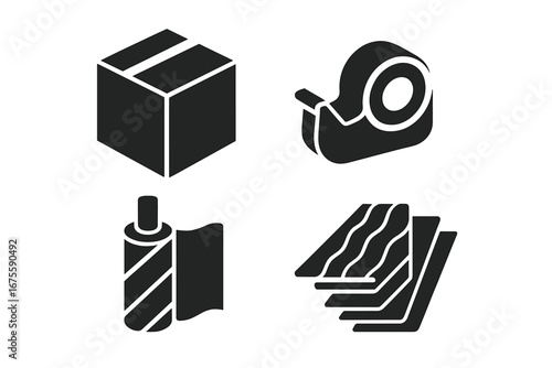Packaging icon set vector. Solid glyph symbols for shipping, logistics, delivery and moving. Includes cardboard box, parcel, tape dispenser, stretch wrap, and corrugated material.