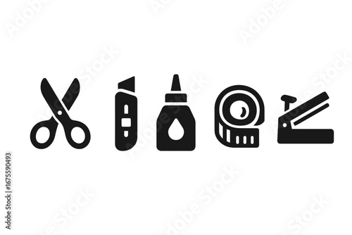 Packaging tools icon set. Solid glyph vector illustration of crafting and shipping supplies. Scissors, cutter, glue, tape measure, and heat sealer equipment symbols.