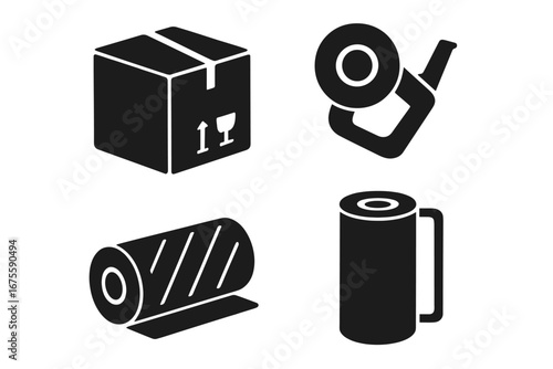 Packaging and shipping solid glyph icon set. Logistics and delivery symbols. Vector collection of packing materials: cardboard box, tape dispenser, stretch wrap, fragile sign.
