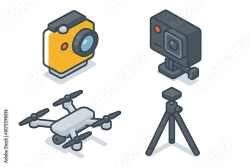 Photo video gear isometric icon set. Action camera, waterproof camera, drone, tripod. Vlogging equipment. Content creation concept. Vector illustration. Gadget technology