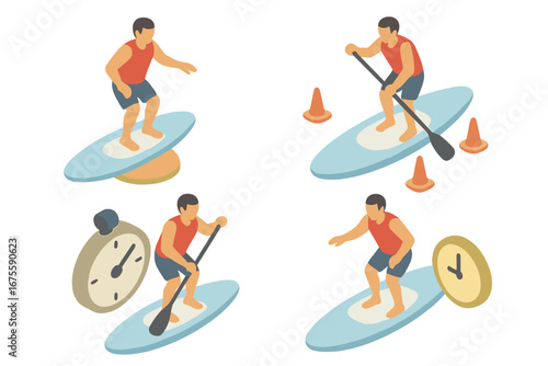 Paddleboarding training icons. Isometric vector set of man on stand up paddle board. SUP fitness drills with balance board, agility cones, stopwatch for timing. Water sport workout.