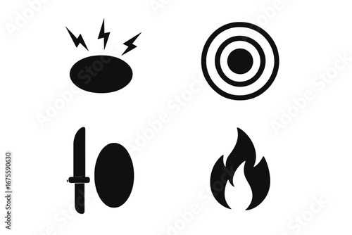 Pain type icon set. Sharp, stabbing, dull ache, throbbing, burning sensation. Medical vector illustration for symptoms of disease, injury, headache. Health care infographic.