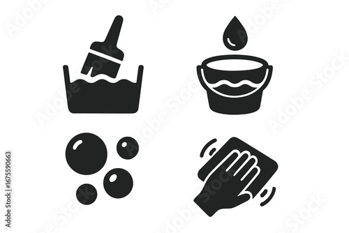Paint cleaning icons for maintenance instructions. Solid glyphs showing brush wash in water, rinse bucket, soap bubbles, and hand wiping with a cloth. Vector symbol set.