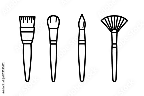 Paint brush line icon set. Vector collection of artist tools for painting. Flat, filbert, round, fan brush types. Art, craft, and hobby supplies. Creativity concept.