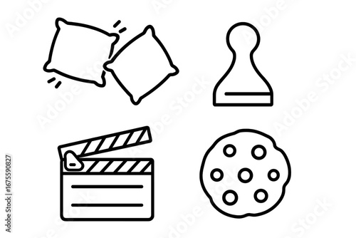Pajama party icon set. Sleepover activities line icons. Pillow fight, board game piece, movie clapperboard, and cookie. Friendship fun vector. Slumber party collection.