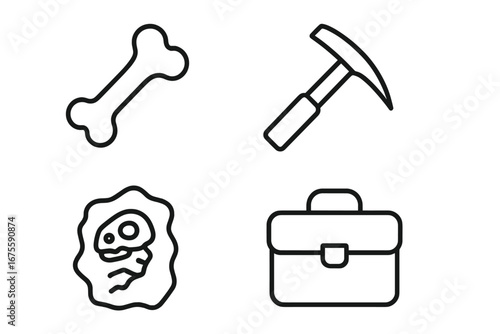 Paleontology icon set with outline symbols. Dinosaur bone, fossil ammonite, excavation pickaxe, and scientist case. Archaeology and geology concept. Vector line art icons.