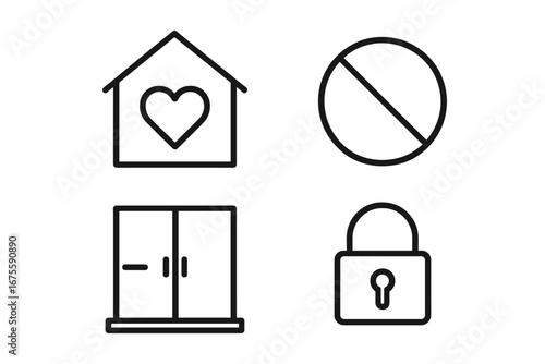 Pandemic lockdown line icon set. Stay home, self-isolation and quarantine concept. House with heart, prohibition sign, closed window and padlock vector illustration.