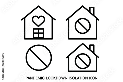 Pandemic lockdown outline icon set of 4. House silhouette with heart, closed window, no entry sign. Quarantine, isolation, stay home concept. Coronavirus protection symbol.