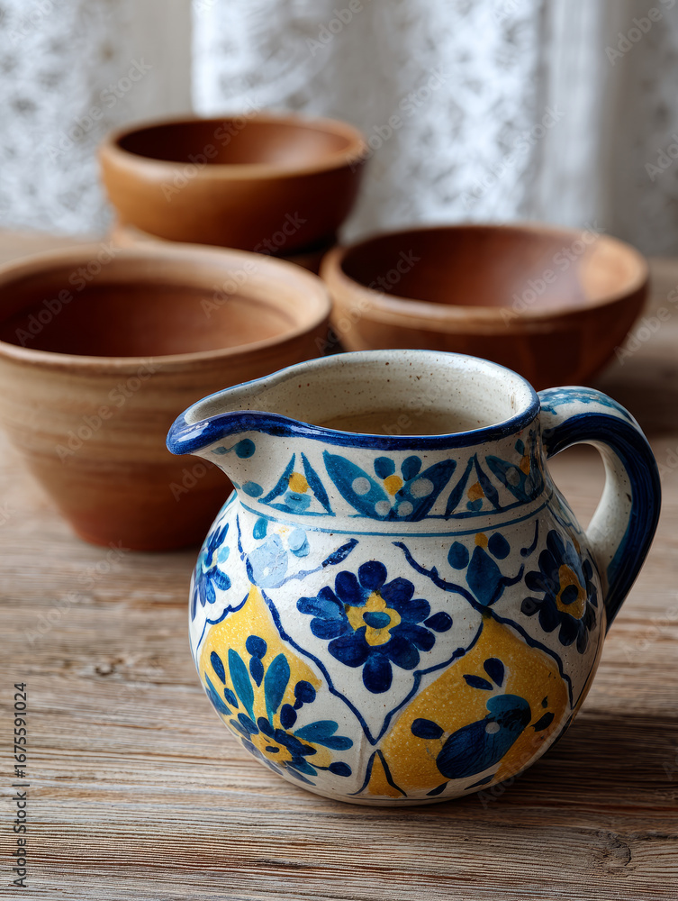 Ornate ceramic pitcher and wooden bowls on rustic table. Ornate ceramic pitcher and wooden bowls on rustic table.