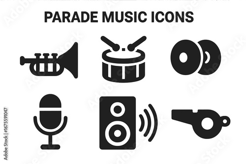 Music and sound solid glyph icon set. Vector symbols of parade instruments and audio equipment. Trumpet, drum, cymbals, microphone, speaker, and whistle for web or mobile.