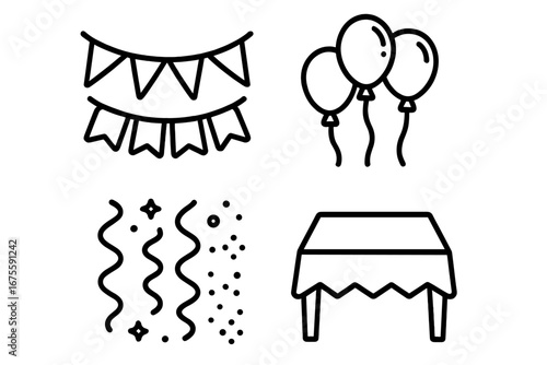 Party line icon set for celebration. Vector graphic symbols for birthday, event, or holiday. Includes balloons, confetti, streamers, bunting banner, and a decorated table.