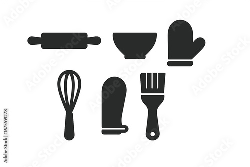 Baking and pastry tools icon set. Solid glyph vector illustration collection. Kitchen equipment silhouettes for cooking. Includes rolling pin, whisk, mixing bowl, oven mitts.