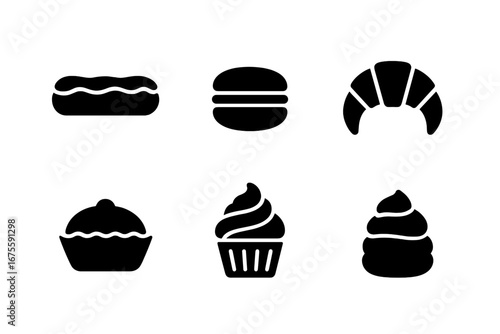 Pastry and bakery solid glyph icon set. Black silhouette vector illustration of desserts and sweets. Eclair, macaron, croissant, tart, cupcake, cream puff, profiterole.