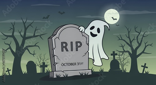 A cheerful ghost peeks from behind a tombstone in a spooky cemetery scene, ideal for Halloween.