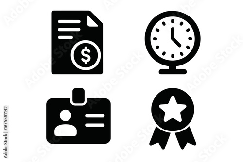 Payroll solid icon set. Employee salary, time tracking clock, staff ID card badge, and bonus award medal icons. Business finance, payment, and human resources vector symbols.