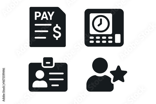 Payroll icon set for human resources. Solid glyph icons of salary slip, time clock for attendance tracking, employee ID badge, and staff bonus or performance reward.