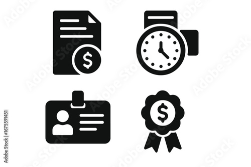 Payroll solid icon set. Vector glyphs of payslip, salary, time clock, employee ID card, bonus, and financial award. Human resources, tax, and payment concept design.