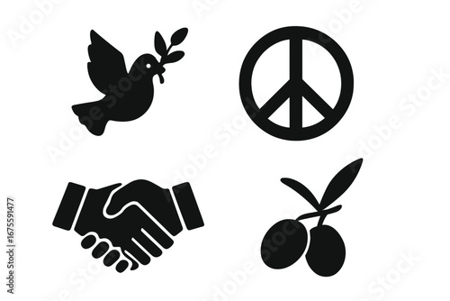 Peace icons set. Solid glyph collection with dove, olive branch, peace symbol, and handshake. Symbols of harmony, reconciliation, love, and agreement. Anti-war concept vector.
