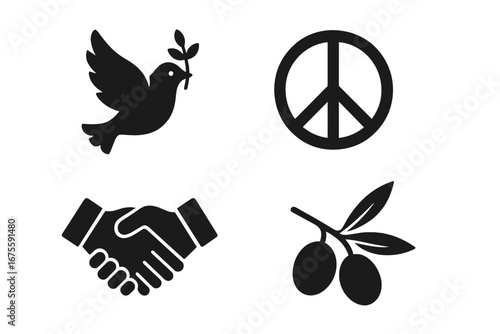 Peace and reconciliation solid icon set. Vector collection of peace symbols. Dove with olive branch, handshake, anti-war sign. Harmony, unity, and friendship concept.