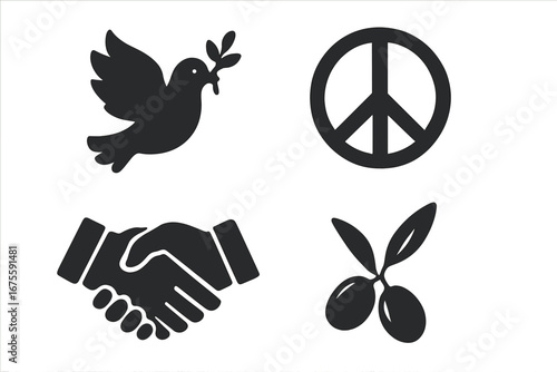 Peace icons collection. Solid glyph icon set of peace and reconciliation symbols. Dove with olive branch, peace sign, handshake and olive branch vector illustration. No war.