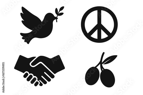 Peace icons set. Vector collection of harmony symbols. Dove with olive branch, pacific sign, handshake, olive twig. Solidarity, reconciliation, love, no war conceptual icons.