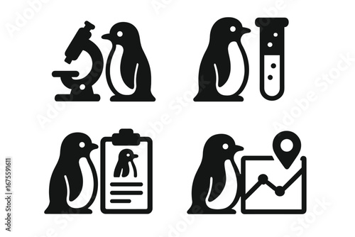 Penguin research solid icon set. Science, biology, and zoology concept. Includes microscope, test tube, clipboard data, and GPS tracking for wildlife study and analysis vector.