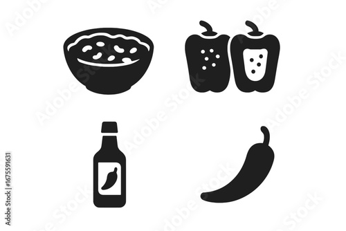 Spicy pepper dishes solid icon set. Vector glyph collection of chili con carne, stuffed bell peppers, hot sauce bottle. Hot food concept for cooking, menu and web design elements.