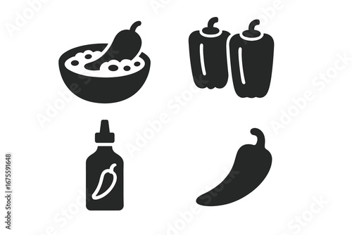 Spicy food glyph icon collection. Chili pepper, bell pepper, hot sauce bottle and chili con carne bowl. Solid vector symbols for cooking, Mexican food, and restaurant menu.