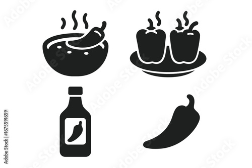 Spicy pepper food icon set. Vector glyph collection of hot dishes. Chili con carne, stuffed peppers, hot sauce bottle. Mexican cuisine concept. Cooking symbols for menu design.