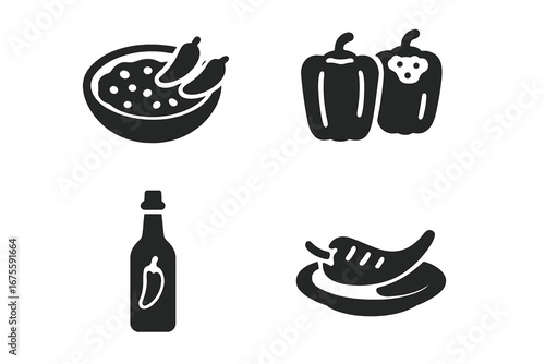 Spicy pepper food icons glyph set. Chili con carne, stuffed bell peppers, hot sauce bottle, and roasted chili dish symbols. Vector illustration for menu, recipe, or gourmet food.