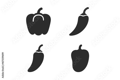 Pepper icon set vector. Chili pepper solid glyphs. Bell pepper, jalapeño, habanero, poblano vegetable silhouettes. Spicy food symbols for cooking, Mexican cuisine graphics.