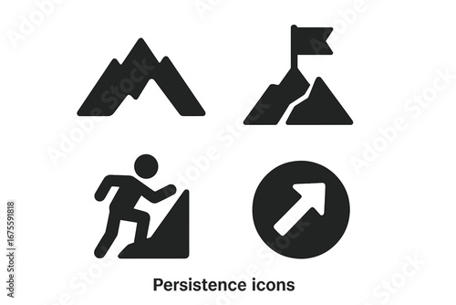 Persistence and determination icon set. Achieving goals, success, and ambition concept. Vector glyphs of mountain peak, flag on summit, climber, and growth arrow illustration.