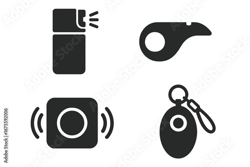 Personal safety icon set. Self defense equipment vector graphics. Pepper spray, emergency whistle, panic button, and portable alarm keychain. Security and protection symbols.