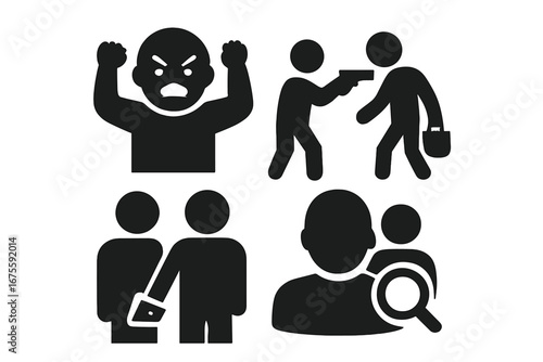 Personal safety vector icon set. Criminal activity and threat concepts. Aggressive person, mugging, armed robbery, pickpocket theft, stalking, and harassment glyph symbols.