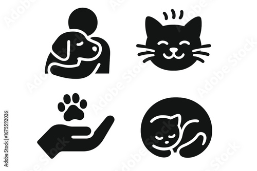 Pet comfort solid icons. Man hugging dog, purring cat, paw in hand, sleeping kitten. Animal care, love, friendship and adoption concept. Vector glyph pictograms for vet.