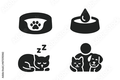 Pet care glyph icon set. Solid vector symbols for animal shelter, vet, or pet shop. Includes dog and cat family, sleeping kitten, pet bed, water bowl. Animal welfare concept.