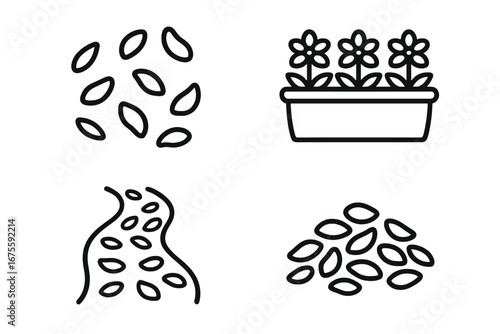 Flower petal outline icon set. Vector collection of 4 garden icons. Includes flower bed in pot, scattered petals, path strewn with petals, and a pile of seeds or petals.