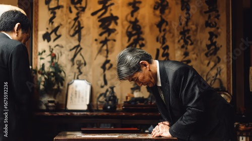 Man in suit bowing in a traditional japanese setting with calligraphy