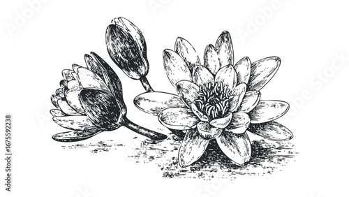 Line art depiction of blooming water lilies and buds on transparent background. Vector hand drawn illustration
