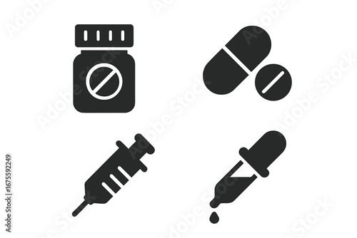 Pharmaceutical solid icons. Medicine glyph set. Pill bottle, capsule, injection syringe, dropper. Healthcare, pharmacy, treatment, vaccination. No drugs concept vector symbols.