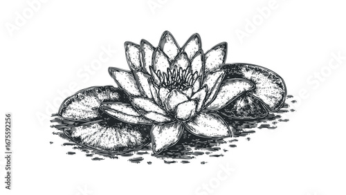 Detailed Engraved Water Lily Flower and Leaves on Transparent. Vector hand drawn illustration