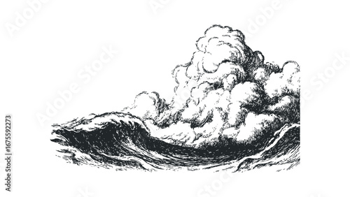 Ink drawing of rough ocean waves and stormy clouds. Vector hand drawn illustration